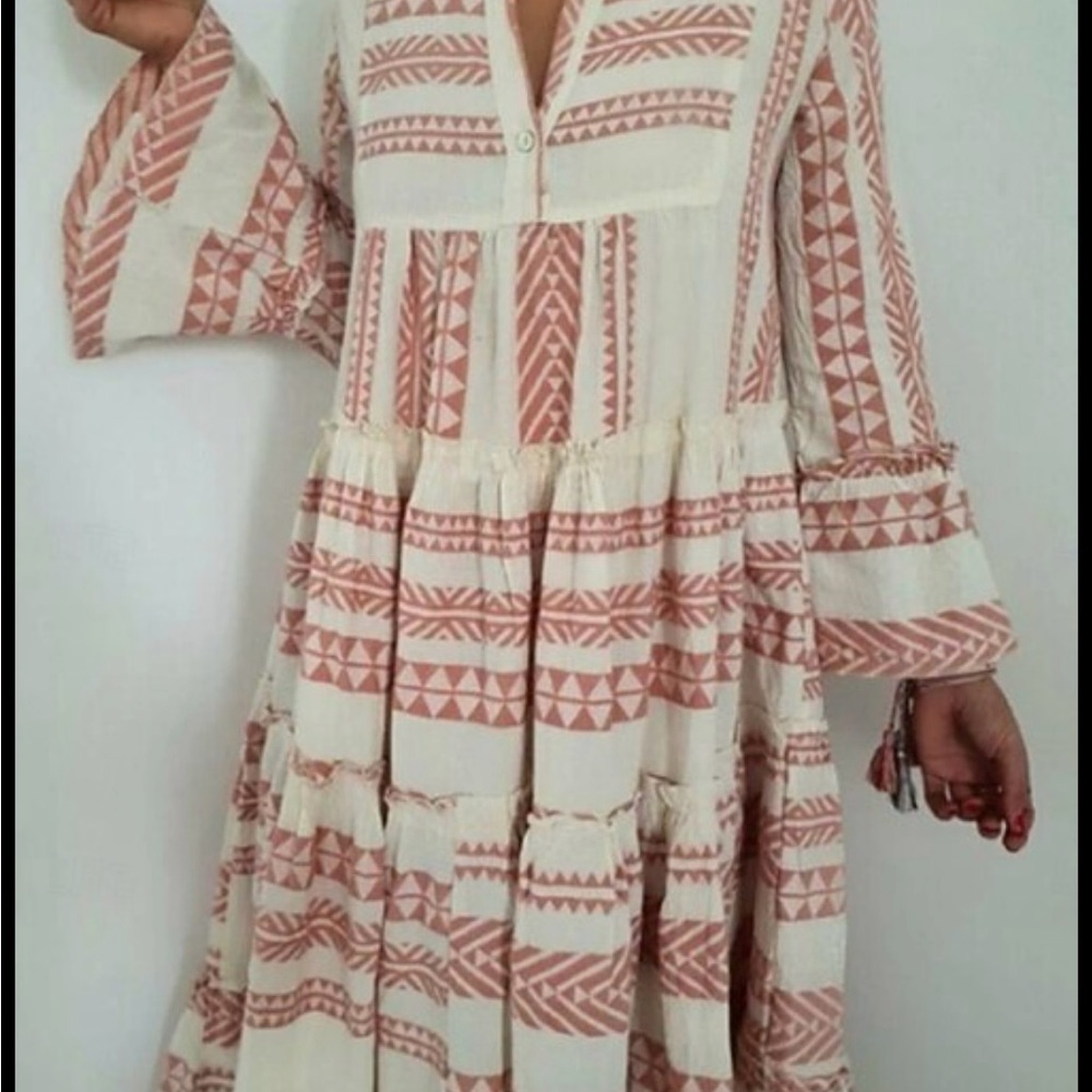 Sunday Up Maxi Dress, Size S, Red & White Geometric Print, Long Sleeves.